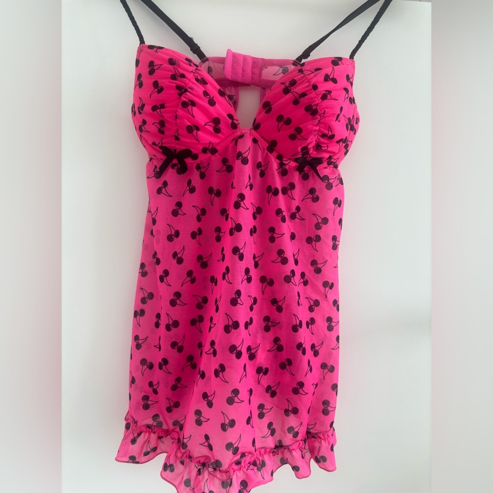 Lasenza Pink and Black Cherry Print Babydoll Camisole size Small